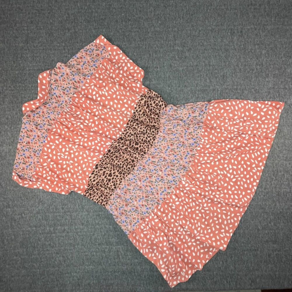 Umgee Mixed Print Tiered Babydoll Dress XL Coral Boho Floral Leopard Mini Animal - Picture 7 of 9